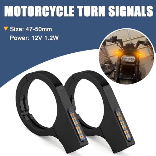 Motorcycle Turn Signals LED 47-50mm Front Fork Turn Signal Lights Indicator Clamps Amber Lamp 12V Fit for Harley Honda Yamaha Kawasaki Suzuki Indian Cafe Racer Chopper Bobber Custom - size: 47-50mm