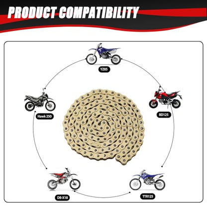 KAMIER 428 Motorcycle Chain 132 Link Gold with Chain Breaker for TTR125 TTR225 Hawk 250 Boom Vader 125 Apollo RFZ TaoTao Coleman 110cc 125cc 150cc Pit Dirt Bike 4 Wheeler ATV Go Kart Heavy Duty Parts - style: 132