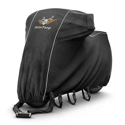 600D Heavy Duty Motorcycle Cover Waterproof Outdoor Storage All-Season Weatherproof Protection with Air Vents, Exhaust Heat Shield, Wheel Lock Slots - size: 5XL