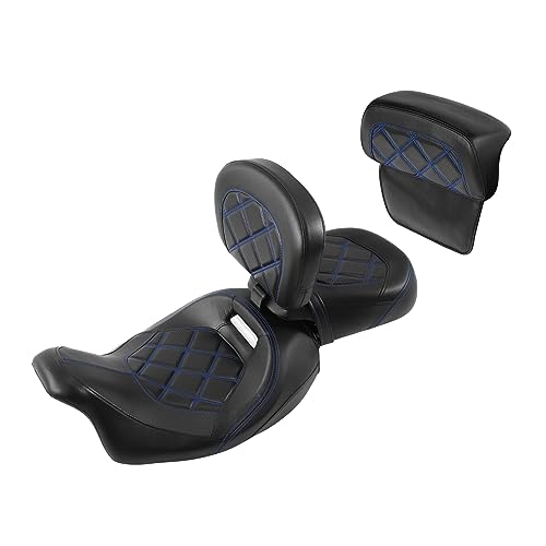 SLMOTO Motorcycle Low-Profile Passenger Rieder Seat, Rider Sissy Bar Backrest Pad Passenger Sissy Bar For Harley Touring CVO Road King Street Glide Road Glide Electra Glide 2014-2023 Black Blue - color: Style B Blue Seat+Rider Backrest + SP