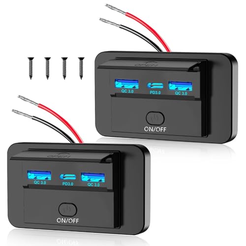 2PCS 3 Ports 12V RV USB Outlet 72W, Gibbab Dual USB QC3.0 36W & PD3.0 Type-C Quick Charge 36W Panel Wall Mount, Automotive Car Socket Charger Adapter for RV Marine Boat Bus ATV Motorcycle - color: Blue, size: 2PCS