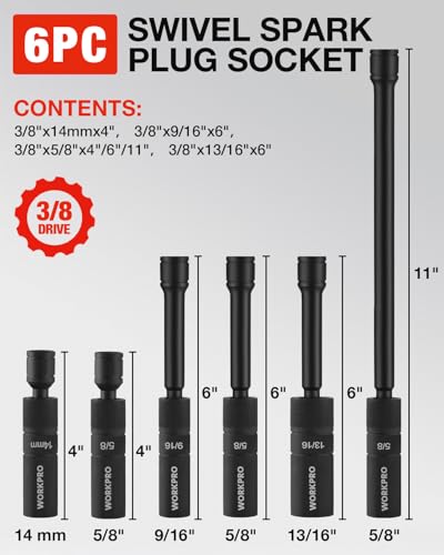 WORKPRO 6-Piece 3/8" Drive Magnetic Spark Plug Socket Set 12-Point, Includes 9/16", 5/8", 13/16", 14mm Sockets with 4", 6", 11" Extensions for Automotive Repair - size: 6PC(14MM,5/8",9/16",13/16")