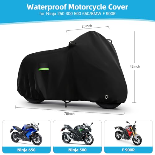 Motorcycle Cover Waterproof for Kawasaki Ninja 250 300 400 500 650/BMW F 900R, Heavy Duty Outdoor Sun UV Rain Dust All Weather Protection Motorbike Cover with Soft Cotton Lining & Lock Hole-Black - size: Ninja 650