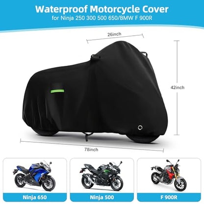 Motorcycle Cover Waterproof for Kawasaki Ninja 250 300 400 500 650/BMW F 900R, Heavy Duty Outdoor Sun UV Rain Dust All Weather Protection Motorbike Cover with Soft Cotton Lining & Lock Hole-Black - size: Ninja 650