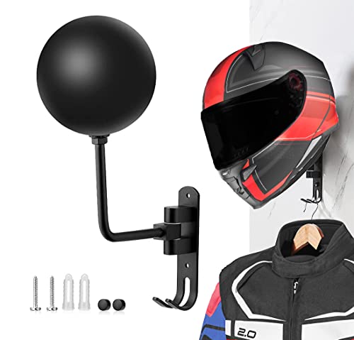 SANGMO 180°Motorcycle Helmet Rack, Rotation Metal Helmet Holder Wall Mounted Helmet Rack Motorcycle with 2 Hooks Helmet Hanger for Motorcycle Bike Coats, Caps, Baseballs, Rugby Helmet (1 pcs) - color: Black*1