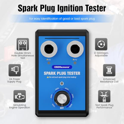 OBDResource Automotive Spark Plug Tester Engine Ignition Spark Plugs Tester Analyzer 0 to 6000RPM Car Motorcycle Spark Plug Testers Tool for 12V Gasoline Vehicles Dual Holes 13MM Spark Plug Socket