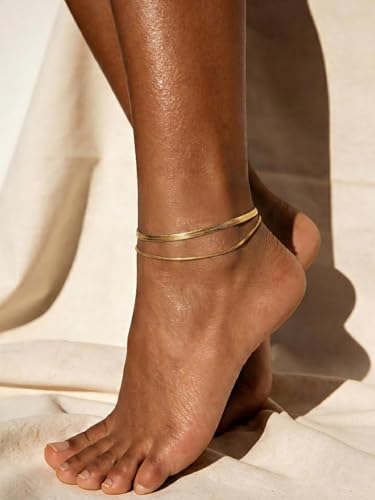 U7 Silver/Gold Ankle Bracelets for Women Layered Chain Anklets Stainless Steel Waterproof Summer Beach Anklet Cham, Adjustable 8.5"-10.5" - color: Gold - Flat Snake Chain+Snake Chain
