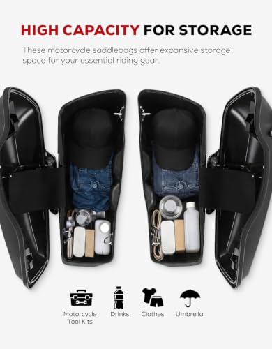 XFMT Motorcycle Saddlebags 5" Stretched Hard Saddle Bags Extended Saddlebags W/Chrome Latches For Harley Touring Road King Street Glide Road Glide Electra Glide 2014-2024, Vivid Black - color: 5" Stretched-Vivid Black Chrome Latches