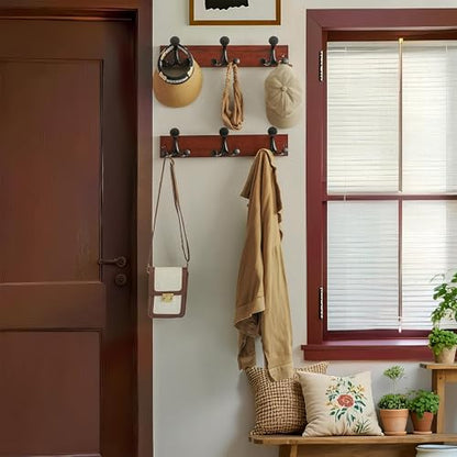WEBI Coat Rack Wall Mount,17" Solid Wood Coat Hooks Wall Mounted Coat Hanger,16" Hole to Hole,Heavy Duty Hook Rack Rail,3 Triple Hooks for Hanging Coats,Jacket,Clothes,Hat,Backpack,Cherry,2 Packs - color: Cherry, size: 17 Inch(2 Pcs)