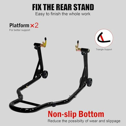 Motorcycle Front & Rear Wheel Lift Stand Combo, 440lbs per stand (880lbs Total) Steel Paddock Stands with Adjustable Fork & Swingarm Spool Heads