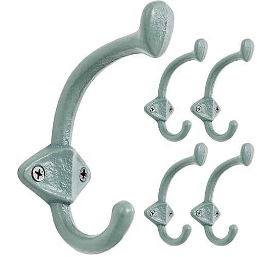 Dseap Cast Iron Wall Hooks L=5”, Heavy Duty Coat Hooks, Rustic Vintage Farmhouse Hook for Hanging Winter Coats Jackets Towels Hats Bags Plants, Mint Green, Pack of 5 (ShieldBold) - color: Mint Green, size: L=5" (Pack of 5)