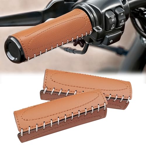 2 PCS Leather Motorcycle Handlebar Hand Grip Cover, Hand Sewn Grips Sleeve, No Fringe Brake Clutch Covers for HD Motorcycle Brown - color: Brown
