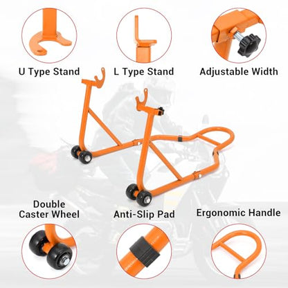 Motorcycle Stand Lift, 850lbs Front Rear Stand Lift Stand, Universal Paddock Lift Stand, Front Wheel Fork Stand, Rear U+L Fork Swingarm Spool Stand, for Parking, Maintenance, Cleaning