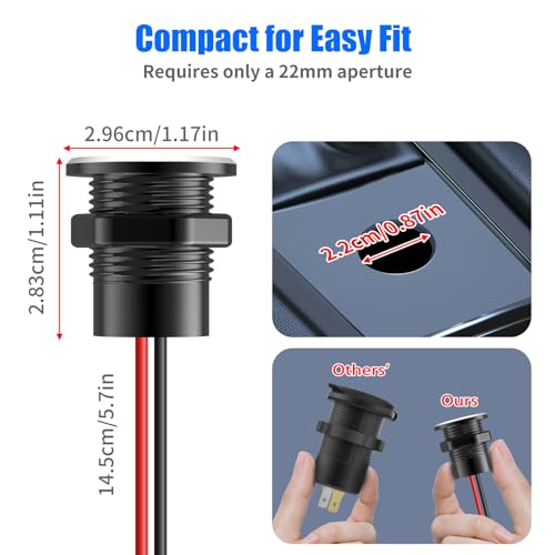Mini 12V USB Outlet Aluminum Car Charger with PD30W and QC 18W Ports, 22mm Diameter Flush-Mounted Pre-Wired Cigarette Lighter Replacement Charger Socket for Car Boat RV Truck Motorcycle, etc.