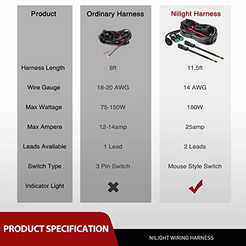 Nilight - 10036W 14AWG 11.5 Feet DT Connector Wiring Harness Kit LED Light Bar 12V On Off Switch Power Relay Blade Fuse for Off Road Lights LED Work Light-2 Leads - size: 14AWG Wiring Harness-2 Leads