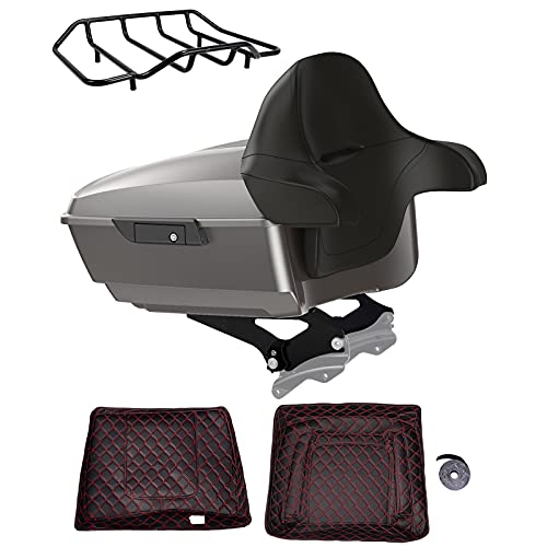 Advanblack US Stock Billet Silver King Tour Trunk Pack, Black Mount Bracket, Top Luggage Rack, Red Trunk Pak Liners Fit for 09-Later Harley Touring, Road Glide, Street Glide Special, Electra Glide - color: Billet Silver