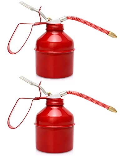 QWORK Steel Pistol Type Oiler - 12 OZ (400ML) Capacity Manual Pump Oil Can, Red, Flexible Tube, 2 Pack