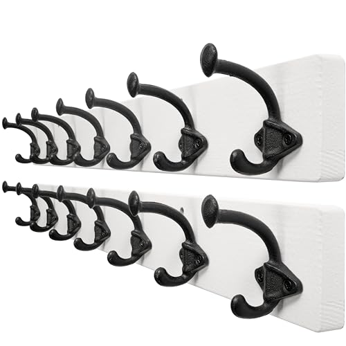 WEBI Rustic Coat Rack Wall Mount,30" Long 7 Cast Iron Coat Hooks Wall Mounted,Heavy Duty Farmhouse Wood Coat Hanger Wall Vintage Hooks for Hanging Jacket,Clothes,Backpack,Black on White,2 Packs - color: White, size: 30 Inch(2 Packs)