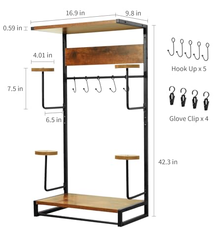 NANXITU Motorcycle Helmet Rack Wall Mount, Retro Rust Helmet Holder with Wood Floating Shelf and Hooks for Storage