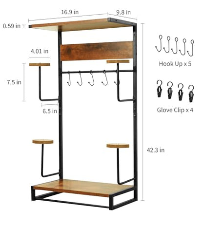 NANXITU Motorcycle Helmet Rack Wall Mount, Retro Rust Helmet Holder with Wood Floating Shelf and Hooks for Storage