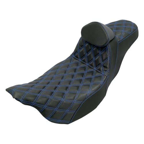 One-Piece Driver Passenger Seat Motorcycle 2-up Seat With Driver Backrest Cushion Pad Fit for Harley Touring Electra Glide Road King Road Glide Street Glide 2009-2023 (Blue Stitching) - color: Blue Stitching w/Driver Backrest