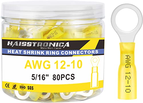 haisstronica 80PCS Heat Shrink Ring Terminals 5/16" Marine Grade Wire Connectors Yellow AWG 12-10 Gauge, Tinned Red Copper 1mm Resistant Ring Connectors, Brazed-Seam Insulated Electrical Crimp - color: Yellow, size: Ring 5/16"