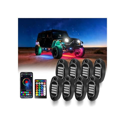 MONDEVIEW 8 Pods RGB LED Rock Lights for Jeeps Trucks Golf Carts & UTVs, Waterproof Underglow Kit with APP Control, Music Mode, 12V Underbody Neon Lights for Cars, ATV, RZR, SUV, Offroad Vehicles