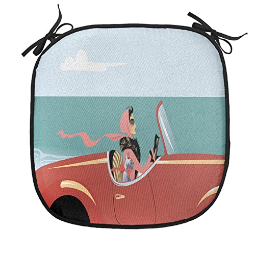 Lunarable Cars Chair Cushion Pad, Funk Feelings Illustration of a Driving Lady on Road with Her Dog by Sea, Seat Padding for Kitchen & Patio with Anti-Slip Backing, 16"x16", Dark Orange Turquoise - color: Dark Orange Turquoise, size: Pack of 1