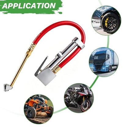Heavy Duty Tire Inflator with Pressure Gauge 10-160 PSI, 1/4" NPT Dual Head Chuck, 15" Kink-Resistant Rubber Air Hose Compatible with Car, Truck, Motorcycle, ATV, SUV
