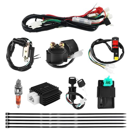 PRO BAT 50cc Dirt Bike Full Wiring Harness Loom Coil CDI Solenoid Relay Kit for 49cc 50cc 70cc 90cc 4-Stroke Dirt Pit Bike Electric Start Engine Apollo Coolster Taotao YX Buyang - style: 3 Electrode A7TJC Spark Plug + Full-wave Rectifier