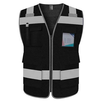 TCCFCCT Mesh Hi Vis Vest 5 Pockets High Visibility Work Vest with Reflective Strips, Meets ANSI/ISEA Standards, Black, M - color: Lion 02-mesh-black, size: Medium