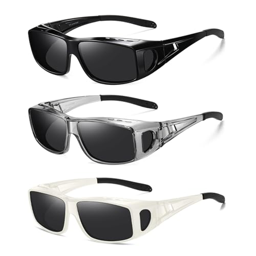 Wzerry Sunglasses Fit Over Glasses Polarized for Men Women, Wrap-Around Glasses UV400 Protection for Driving and Outdoor - color: Black/Grey + Transparent Grey/Grey + White/Grey