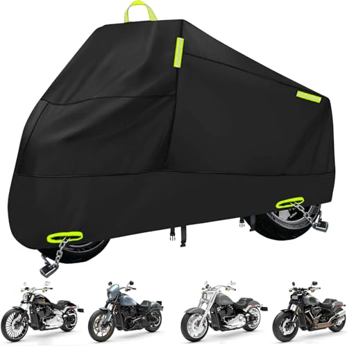 Motorcycle Cover Waterproof Outdoor Heavy Duty Motorcycle Cover All Weather Rain Sun UV Protection with Lock-Holes Motorcycle Tarp with Night Reflective Strips ＆ Storage Bag Fits up to 86.6"