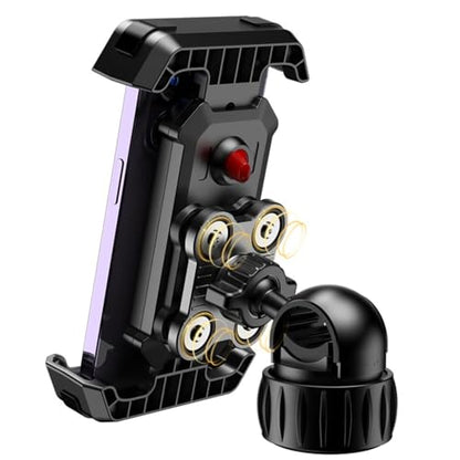 Premium Motorcycle Phone Mount with Anti-Shake Silicone Shock Absorber, 360° Rotation, Four-Corner Protection, One-Click Lock System, Tool-Free Installation for Bikes and Scooters