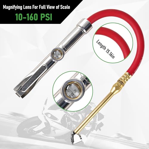 Heavy Duty Tire Inflator with Pressure Gauge 10-160 PSI, 1/4" NPT Dual Head Chuck, 15" Kink-Resistant Rubber Air Hose Compatible with Car, Truck, Motorcycle, ATV, SUV