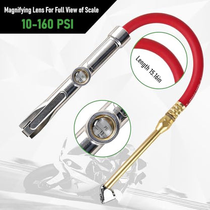 Heavy Duty Tire Inflator with Pressure Gauge 10-160 PSI, 1/4" NPT Dual Head Chuck, 15" Kink-Resistant Rubber Air Hose Compatible with Car, Truck, Motorcycle, ATV, SUV