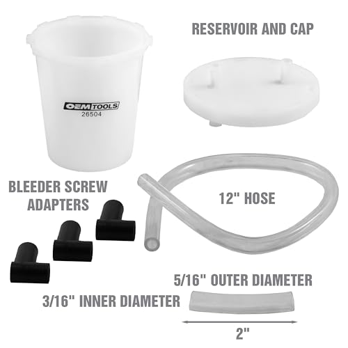 OEMTOOLS 26504 Brake Bleeder Kit, One Man Brake Bleeder Kit, 12" Transparent Hose with Reservoir, 3 Screw Adapters, Mess Free Easy Oil Disposal - style: Brake Bleeder Kit with Adapters