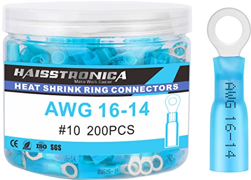 haisstronica 200PCS Heat Shrink Ring Terminals #10 Marine Grade Wire Connectors Blue AWG 16-14 Gauge, Tinned Red Copper 0.7mm Resistant Ring Connectors, Brazed-Seam Insulated Electrical Crimp - color: Blue, size: Ring 3/16"