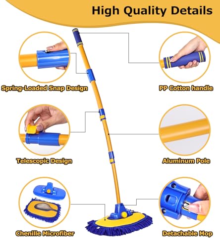 anngrowy 56.7" Car Wash Brush Mop Kit Mitt Sponge with Long Handle Car Cleaning Supplies Kit Tools Car Washing Duster Exterior Scratch Free, Chenille Replacement Head Extension Pole - color: Blue