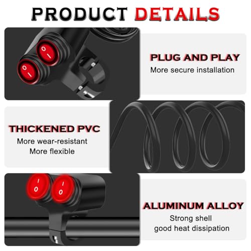 7/8" Motorcycle Handlebar Switch Dual Push Button Waterproof Switches 12V ATV ON Off with Red LED Light, Crimp Connectors Hex Key for UTV Bike Scooters Headlight Hazard Brake (22mm) - color: Dual Red LED Push Button