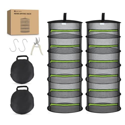 Yesker 6 Layer Herb Drying Rack Hanging Mesh Net Foldable Plant Drying Racks 24" w Green Zipper Pruning Shears Dryer Hanging Rack for Herbs Seed Bud Fruit Clothes Grow Tent Closet Garden Outdoor 2 PCS - size: 2 PCS 6 Layers