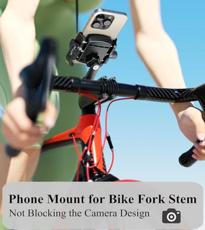 BRCOVAN Bike Fork Stem Phone Mount Holder [Camera Friendly] [1s Locking] | Adjustable Bicycle Headset Top Cap Cellphone Cradle with Solid Aluminum Mounting Base Fit 5.4'' - 7.2" Smartphones