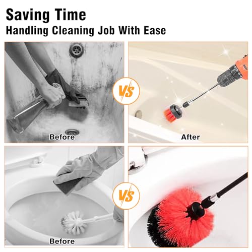 8 Pcs Drill Brush Attachment Set, Power Cleaning Scrub Brush Kit with Extend Long Attachment, All Purpose Drill Scrub Brushes for Car, Grout, Floor, Tub, Bathroom and Kitchen (red) - color: Red