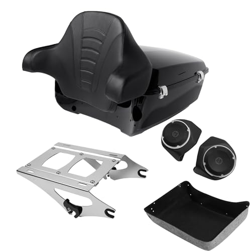 TCMT King Motorcycle Trunk Box Wrap-Around Backrest Two Up Mounting Rack Speakers Fit For Harley 2014-2025 Trunk Touring CVO Road King Road Glide Street Glide Electra Glide - color: Style A+Speakers#1+Chrome 2 Up Rack#2