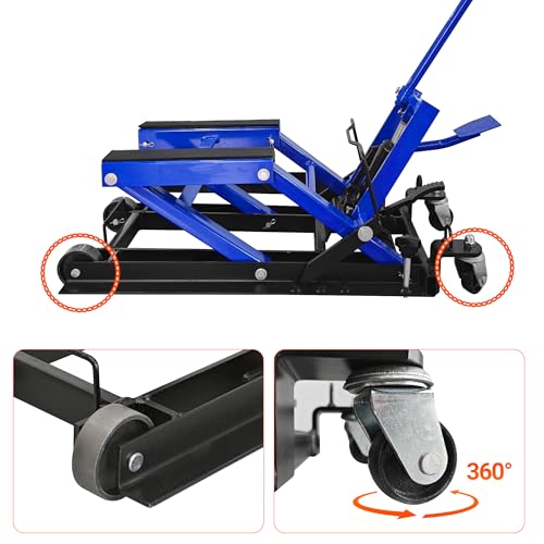 Hydraulic Motorcycle Lift Jack, 1500 LBS Capacity, ATV Scissor Lift Jack Portable Motorcycle Lift Table with 4 Casters, Hydraulic Foot-Operated Hoist Stand for Motorcycle ATV UTV Powersports, Blue