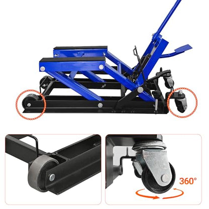 Hydraulic Motorcycle Lift Jack, 1500 LBS Scissor Lift Table with 4 Casters, Foot-Operated ATV UTV Lift Stand for Motorcycle ATV UTV Powersports, Portable Blue