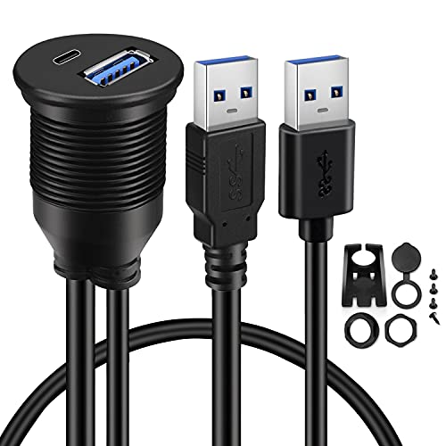 USB 3.0 to Type C 3.0 Car Mount Flush Cable Dual Port Male to Female Extension Waterproof Cable for Car Truck Boat Motorcycle Dashboard Panel - 3ft