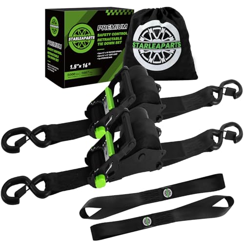 Retractable Ratchet Straps (2pk) -Patented | 1.5 in x 16 ft Heavy Duty Auto Ratchet Straps with Soft Loops | Perfect Automatic Tie Downs for Motorcycle,Kayak and Truck | Break Strength 5,000LBS/2268KG - color: Black, size: 2PK-5,000LBS