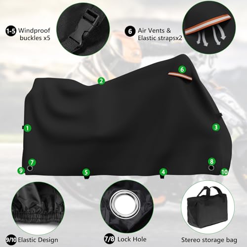 Roasivi Motorcycle Covers Outdoor Waterproof Motorbike Covers All Season Universal Weather Protection for Harley Davidson Touring Models General Fits XL 86" L x 41" W x 49" H Black - size: 86" x 41" x 50"