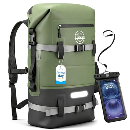 STOVER 5/10/25/30/40/55L Waterproof Dry Bag- Roll-Top Backpack w/Phone Case- Kayaking, Hiking, Camping, Boating- Men/Women - color: 40l Green (With Phone Case), size: 40L
